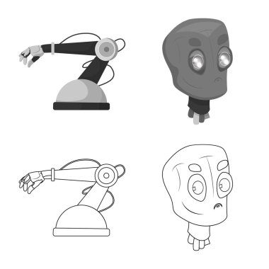 Robot ve fabrika işareti yalıtılmış nesne. Robot ve uzay hisse senedi vektör çizim seti.