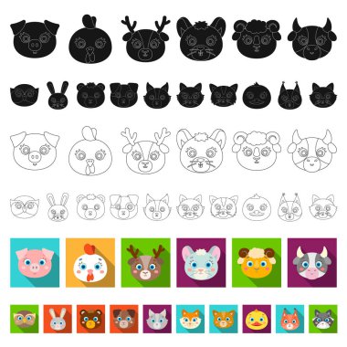 Ağızlıklar hayvanların set koleksiyonu tasarım için simgeleri düz. Yerli ve vahşi hayvanlar sembol stok web illüstrasyon vektör.