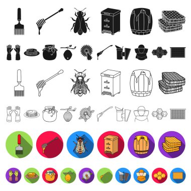 Arı kovanı ve arıcılık düz simgeler set koleksiyonu tasarım için. Ekipman ve bal üretim sembol stok web illüstrasyon vektör.