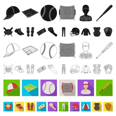 Düz set koleksiyonu tasarım için simgeleri beyzbol ve öznitelikleri. Sembol stok web illüstrasyon vektör beyzbol oyuncusu ve ekipman.