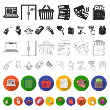 E-ticaret, satın alma ve satış set koleksiyonu tasarım için simgeleri düz. Ticaret ve Finans sembol stok web illüstrasyon vektör.