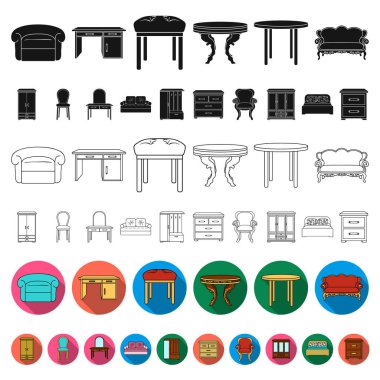 Mobilya ve enteriyör düz simgeler set koleksiyonu tasarım için. Ev mobilyaları vektör simge stok web çizimi.
