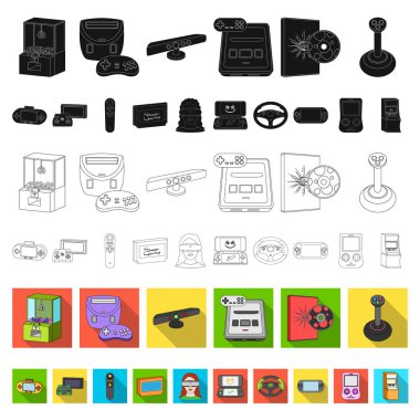 Set koleksiyonu tasarım için simgeleri düz oyun konsolu ve sanal gerçeklik. Oyun gadget'lar sembol stok web illüstrasyon vektör.