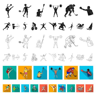 Dizayn için set koleksiyonunda farklı spor düz simgeleri var. Sporcu ve yarışmalar vektör sembolü web illüstrasyonu.