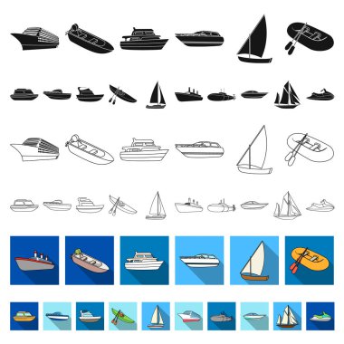 Su ve deniz taşıma düz simgeler set koleksiyonu tasarım için. Tekneler ve gemiler çeşitli sembol stok web illüstrasyon vektör.