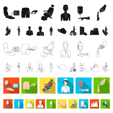 İlaç ve tedavi düz simgeler set koleksiyonu tasarım için. Hastane ve ekipman sembol stok web illüstrasyon vektör.