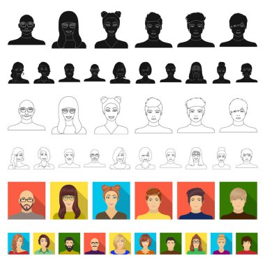 Avatar ve yüz düz simgeler set koleksiyonu tasarım için. Bir kişi görünümü vektör simge stok web çizim.