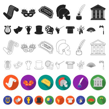 Tiyatro sanat set koleksiyonu tasarım için düz simgeler. Tiyatro donanımları ve aksesuarları sembol stok web illüstrasyon vektör.