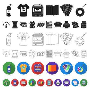 Matbaa ürünleri set koleksiyonu tasarım için simgeleri düz. Sembol stok web illüstrasyon vektör yazdırma ve ekipman.