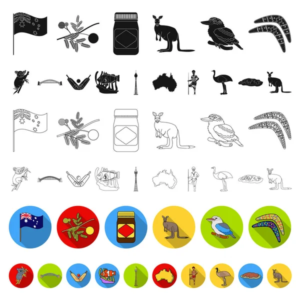 País Australia iconos planos en la colección de conjuntos para design.Travel y atracciones vector símbolo stock web ilustración . — Vector de stock