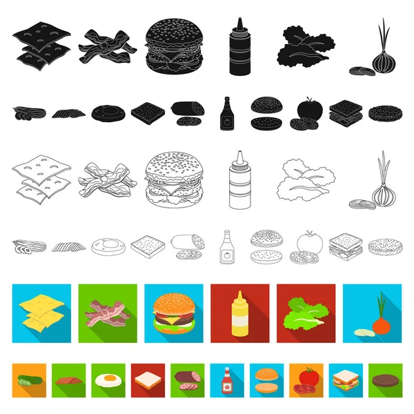 Burger i składniki płaski ikony w kolekcja zestaw do projektowania. Burger, gotowanie ilustracja wektorowa symbol zasobów sieci web. — Wektor stockowy