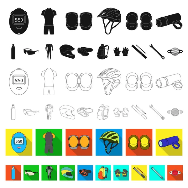 Traje de bicicleta iconos planos en la colección de conjuntos para el diseño. Bicicleta y herramienta vector símbolo stock web ilustración . — Archivo Imágenes Vectoriales