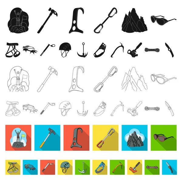 Bergsteigen und Klettern flache Symbole in Set-Kollektion für Design. Ausrüstung und Zubehör Vektor Symbol Stock Web Illustration. — Stockvektor
