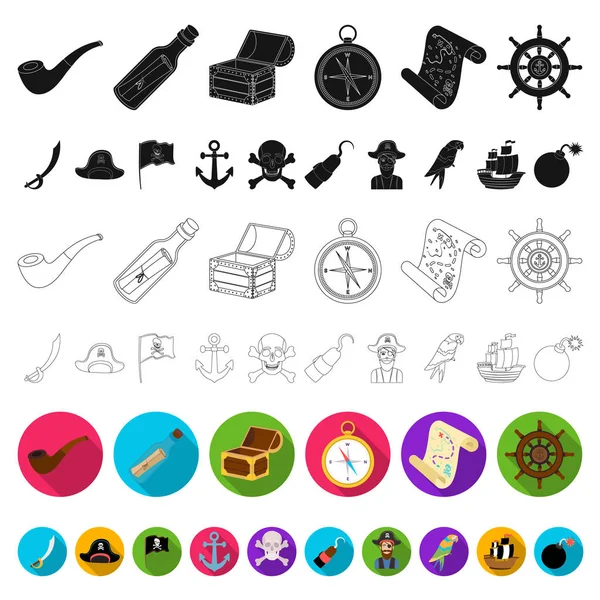 Pirata, ladrón de mar iconos planos en la colección de conjuntos para el diseño. Tesoros, atributos vector símbolo stock web ilustración . — Vector de stock