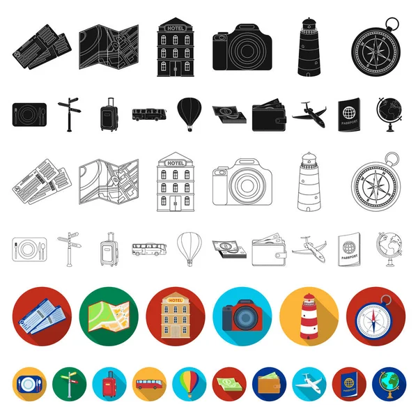 Descanse y viaje iconos planos en la colección de conjuntos para el diseño. Transporte, turismo vector símbolo stock web ilustración . — Vector de stock