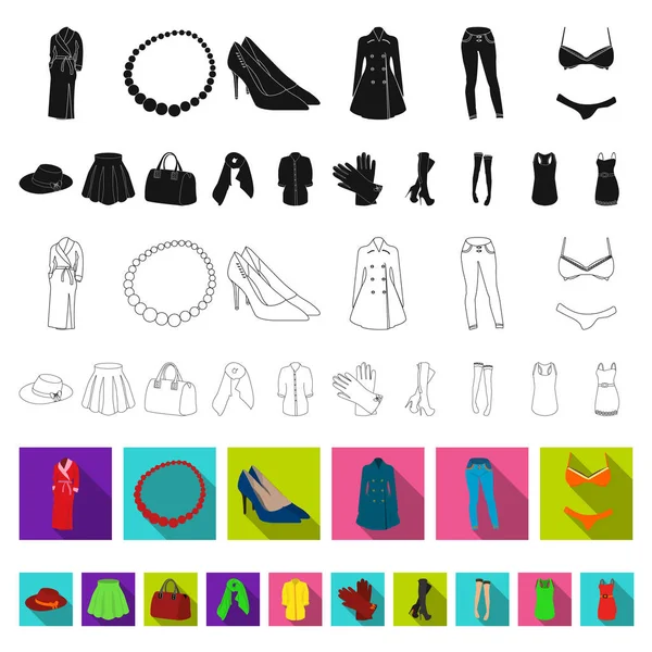 Kobiety Odzież płaskie ikony w kolekcja zestaw do projektowania. Odmian Odzież i akcesoria ilustracja web akcji symbol wektor. — Wektor stockowy