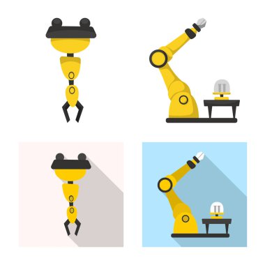 Robot ve fabrika simge vektör tasarımı. Web için robot ve uzay hisse senedi simgesi kümesi.