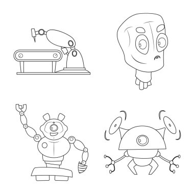 Robot ve fabrika simge vektör tasarımı. Web için robot ve uzay hisse senedi simgesi kümesi.