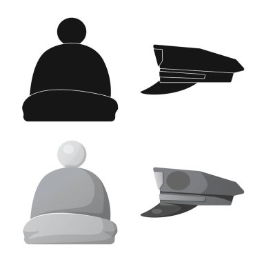 Şapkalar ve kap simge vektör tasarımı. Şapkalar ve hisse senedi için aksesuar vektör simge kümesi.