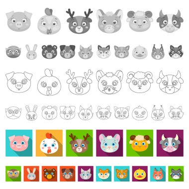 Ağızlıklar hayvanların set koleksiyonu tasarım için simgeleri düz. Yerli ve vahşi hayvanlar sembol stok web illüstrasyon vektör.