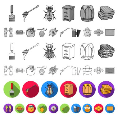 Arı kovanı ve arıcılık düz simgeler set koleksiyonu tasarım için. Ekipman ve bal üretim sembol stok web illüstrasyon vektör.