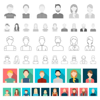 Avatar ve yüz düz simgeler set koleksiyonu tasarım için. Bir kişi görünümü vektör simge stok web çizim.