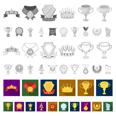 Kupalar ve ödüller set koleksiyonu tasarım için simgeleri düz. Sembol stok web illüstrasyon vektör ödül ve başarı.