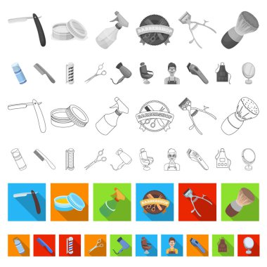 Berber ve ekipman düz simgeler set koleksiyonu tasarım için. Saç kesimi ve tıraş sembol stok web illüstrasyon vektör.