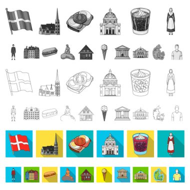 Ülke Danimarka set koleksiyonu tasarım için düz simgeler. Seyahat ve etkinlikler Danimarka sembol stok web illüstrasyon vektör.