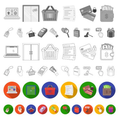 E-ticaret, satın alma ve satış set koleksiyonu tasarım için simgeleri düz. Ticaret ve Finans sembol stok web illüstrasyon vektör.