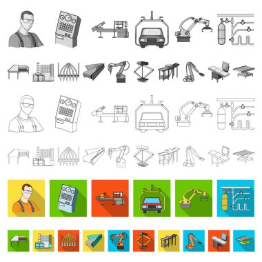 Ekipman ve makine düz simgeler set koleksiyonu tasarım için. Fabrika vektör simge stok web çizim teknik ilerleme.