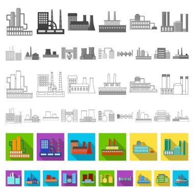 Fabrika ve tesisleri set koleksiyonu tasarım için simgeleri düz. Sembol stok web illüstrasyon vektör fabrikası ve donanımları.