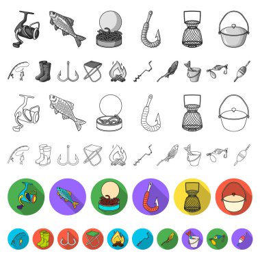 Set koleksiyonu tasarım için simgeleri düz Balık tutma ve dinlenme. Vektör simge stok web illüstrasyon Balık tutma için mücadele.