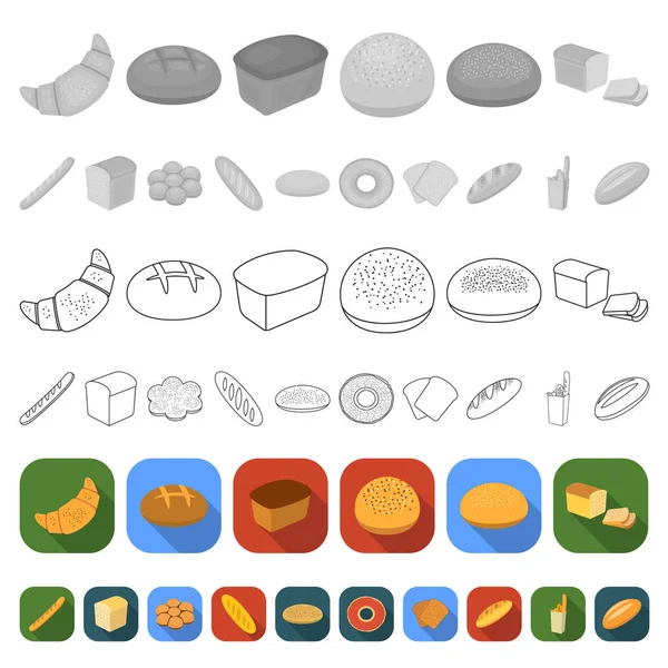Types of bread flat icons in set collection for design. Bakery products vector symbol stock web illustration. — Stock Vector