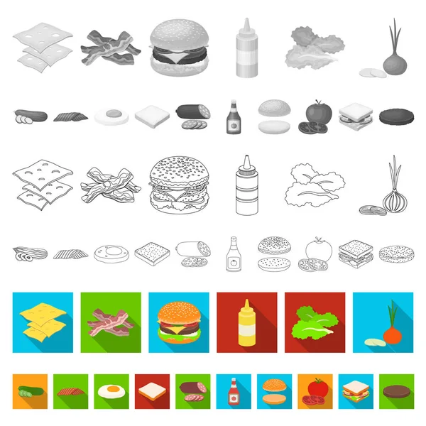 Burger and ingredients flat icons in set collection for design. Burger cooking vector symbol stock web illustration. — Stock Vector