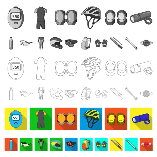 Fiets outfit plat pictogrammen in set collectie voor design. Fiets- en gereedschap symbool voorraad web vectorillustratie. — Stockvector