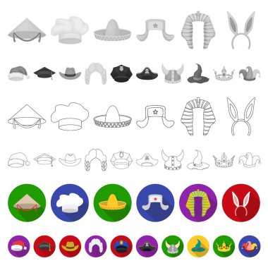 Şapka çeşitleri set koleksiyonu tasarım için simgeleri düz. Headdress vektör simge stok web çizimi.