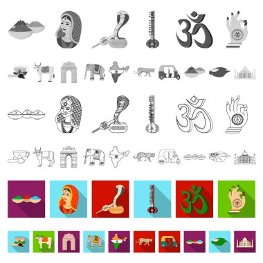 Ülke Hindistan set koleksiyonu tasarım için düz simgeler. Hindistan ve dönüm noktası sembol stok web illüstrasyon vektör.