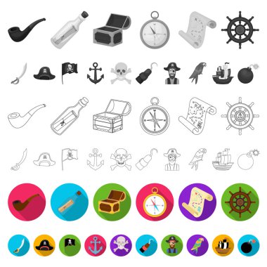 Korsan, deniz soyguncu düz simgeler set koleksiyonu tasarım için. Hazineler, öznitelikleri sembol stok web illüstrasyon vektör.