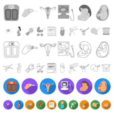 Kadın ve gebelik düz simgeler set koleksiyonu tasarım için. Kadın hastalıkları ve ekipman sembol stok web illüstrasyon vektör.