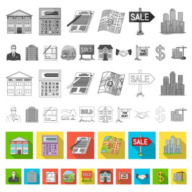 Emlakçı, set koleksiyonu tasarım ajansı düz simgeler. Alış ve satış Emlak vektör simge stok web çizim.