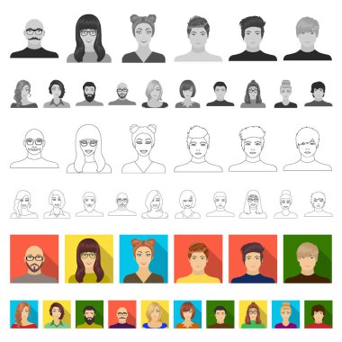 Avatar ve yüz düz simgeler set koleksiyonu tasarım için. Bir kişi görünümü vektör simge stok web çizim.