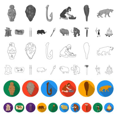Life in the Stone Age flat icons in set collection for design. Ancient people vector symbol stock  illustration.