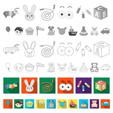 Çocuk oyuncak set koleksiyonu tasarım için düz simgeler. Oyun ve önemsiz şey sembol stok web illüstrasyon vektör.