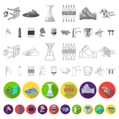Su filtrasyon sistemi düz simgeler set koleksiyonu tasarım için. Temizlik ekipmanları vektör simge stok web çizim.