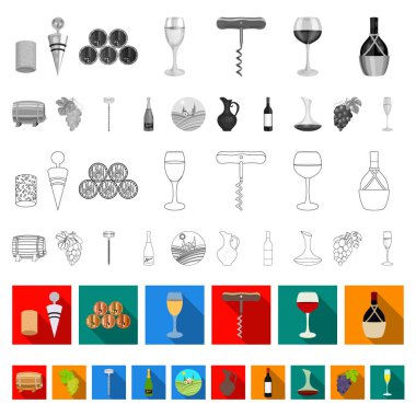Şarap ürünleri set koleksiyonu tasarım için düz simgeler. Sembol stok web illüstrasyon vektör ekipman ve şarap üretimi.