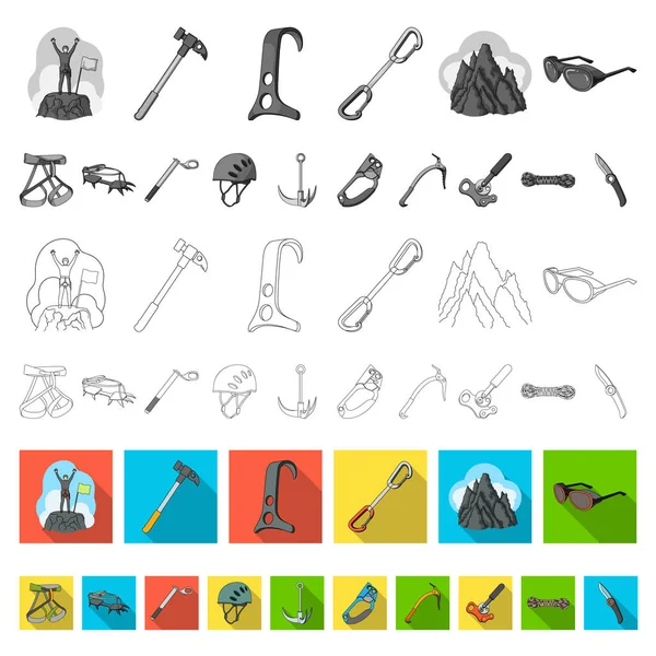 Bergsteigen und Klettern flache Symbole in Set-Kollektion für Design. Ausrüstung und Zubehör Vektor Symbol Stock Web Illustration. — Stockvektor