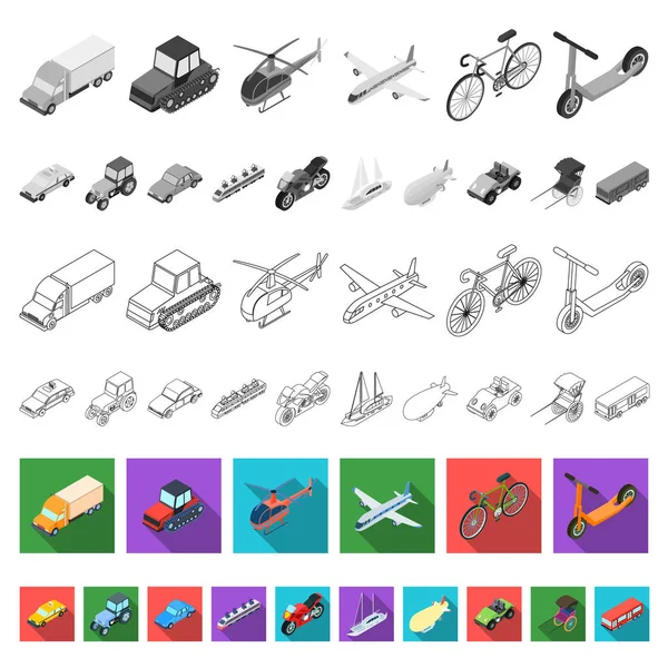 Diferentes tipos de ícones planos de transporte na coleção de conjuntos para design. Carro e navio isométrico símbolo vetor web ilustração . —  Vetores de Stock