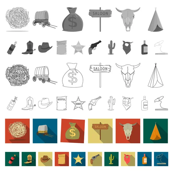 Attributs des icônes plates ouest sauvage dans la collection de jeu pour design.Texas et America vecteur symbole stock web illustration . — Image vectorielle