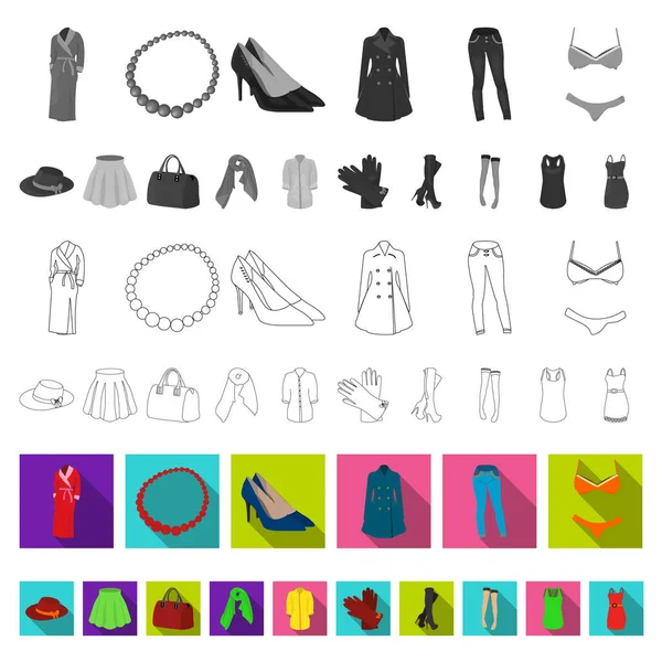 Frauen Kleidung flache Symbole in Set-Kollektion für design.Kleidung Sorten und Accessoires Vektor Symbol Stock Web-Illustration. — Stockvektor